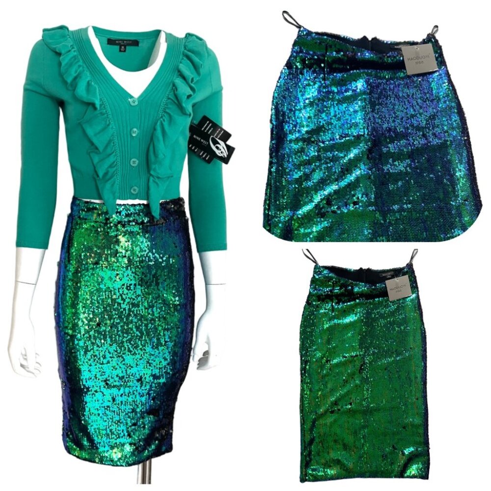 NWT Haouduayi Metallic Sequin Two-Toned Pensil skirt XS
